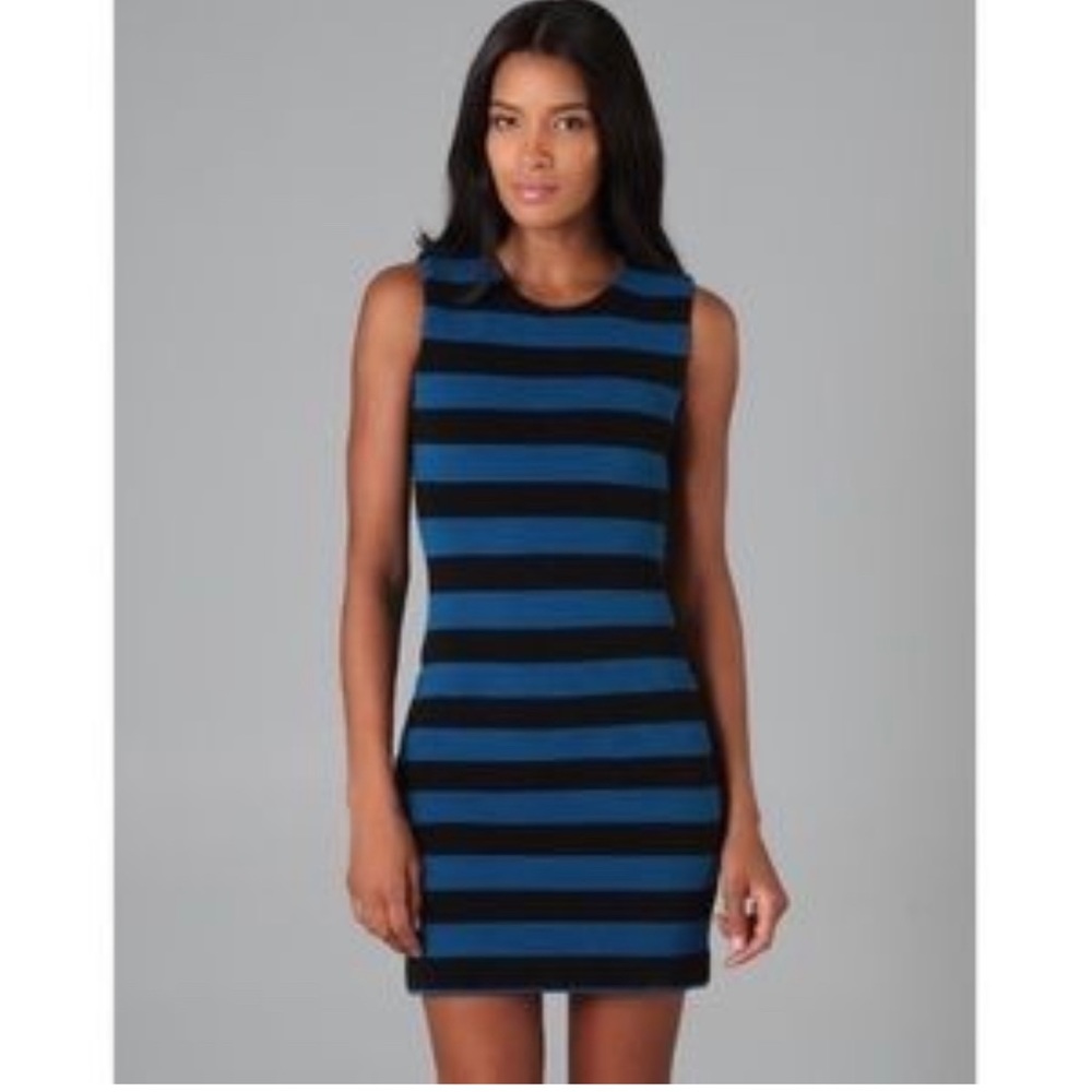 Diane von Furstenberg Blue-Black Striped Textured Wool Rigmora Dress - Picture 3 of 10